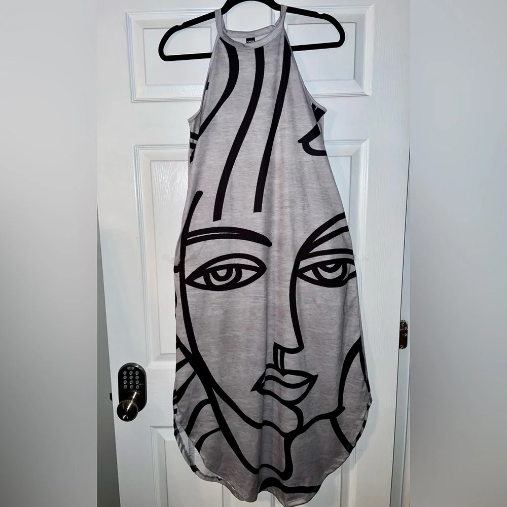 Abstract Face Print Gray Maxi Dress - Picture 2 of 4